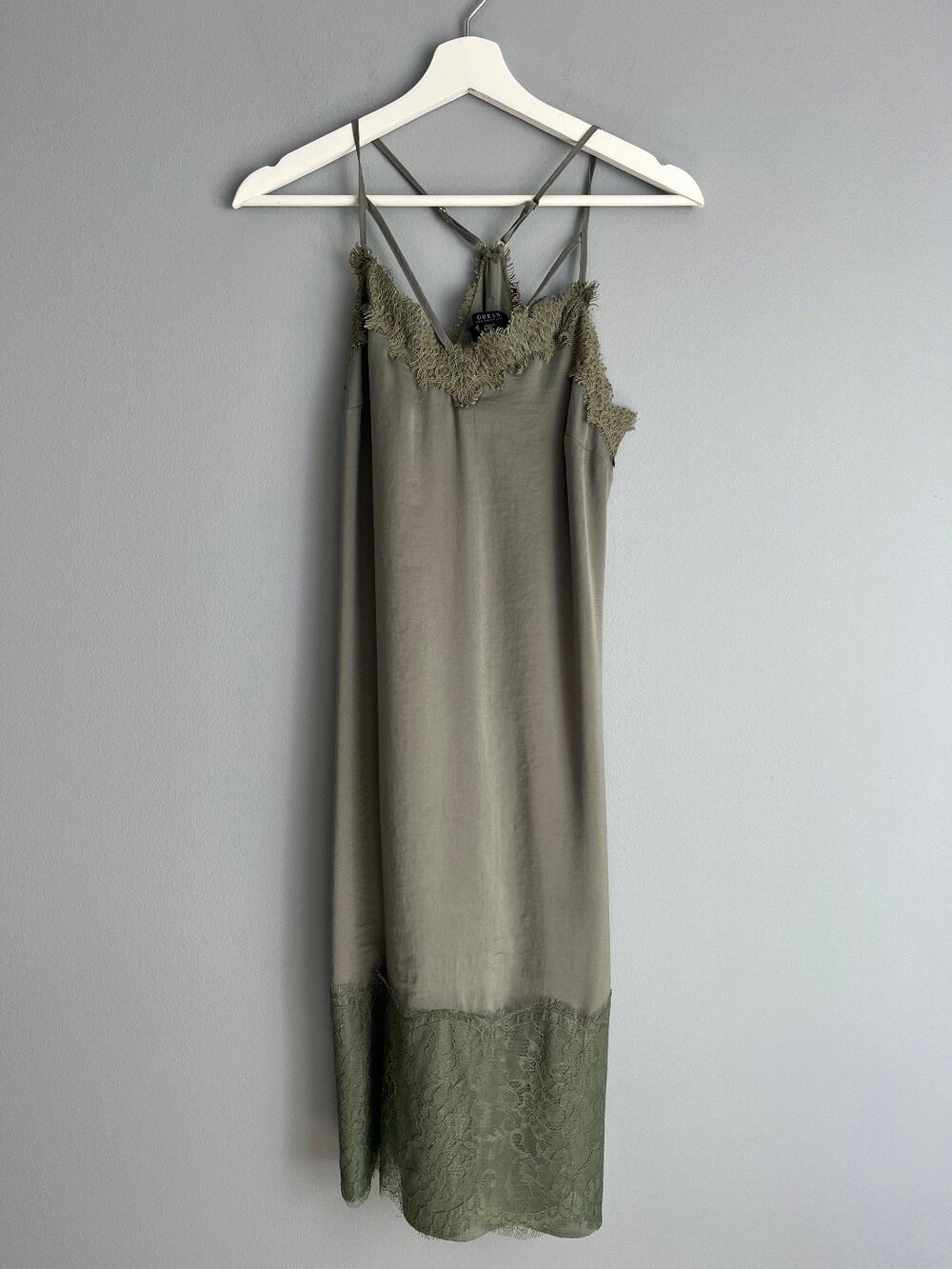 Guess Women's Satin Lace Slip Dress Olive Green XXS Midi 90s Y2K Fairy Grunge